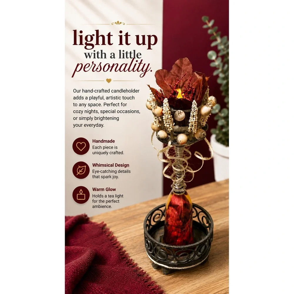 Handmade Whimsical Glass Tea Light Candle Holder Red Autumn Leaf Metal Stand